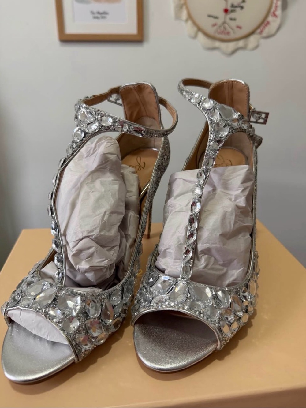 Jewel Badgley Mischka Silver Crystal T-Strap Heels